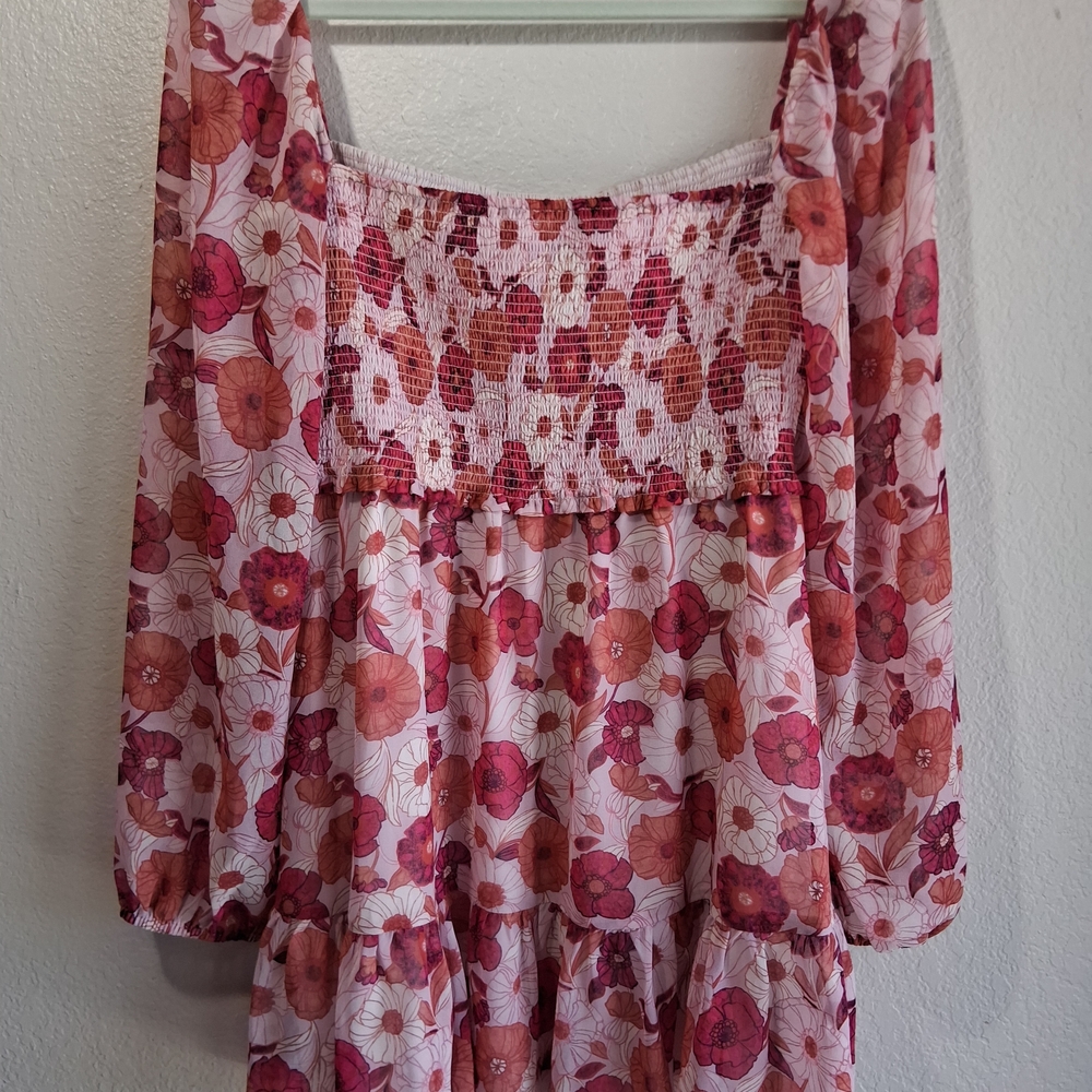 Wilfred Aritzia Artesia Smocked Pink Poppy Floral Boho Cottagecore Mini Dress M - Picture 8 of 16
